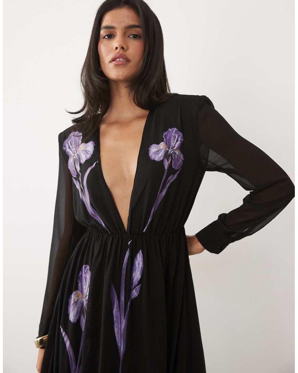 JW PEI Black Iris Floral Applique Plunging Long Sleeve Maxi Dress