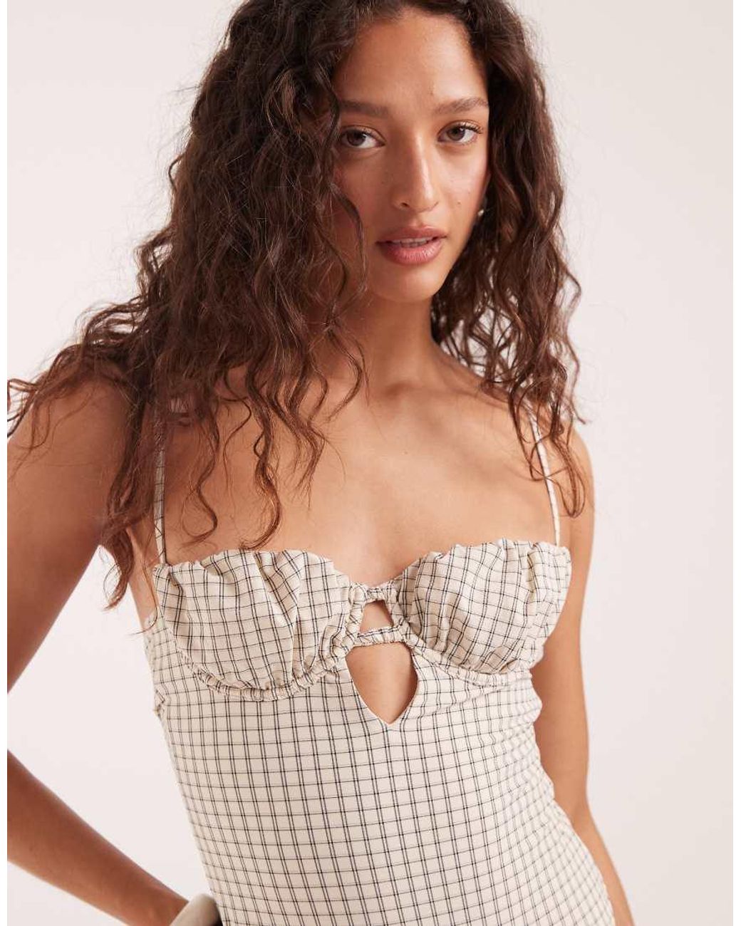 ASOS White Piper Paper Touch Plaid Ruched Balconette Swimsuit