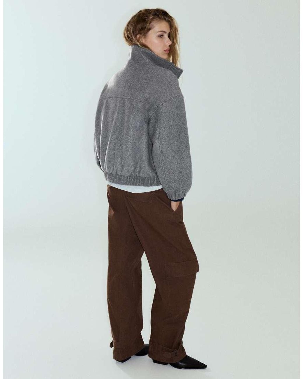 Pull&Bear Gray Cloth Bomber Jacket With A High Neck
