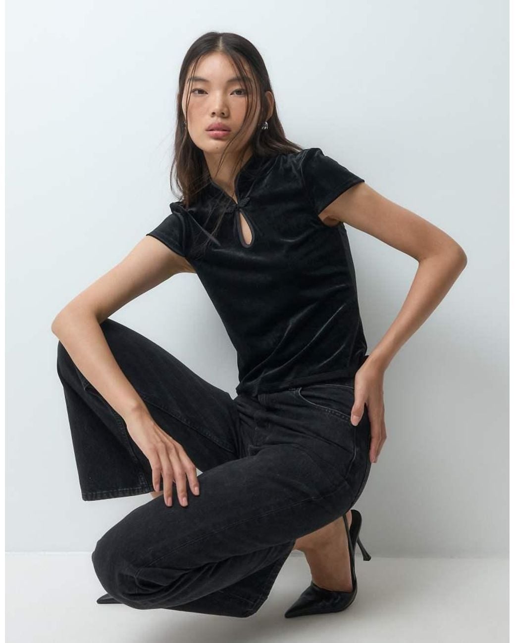 ONLY Black Stand Up Collar Short Sleeve Velvet Top