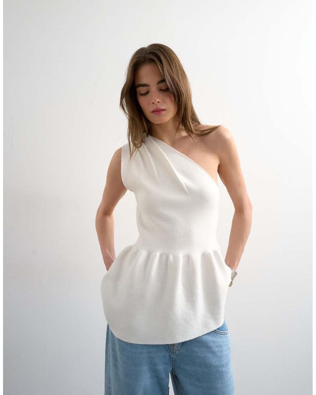 TOPSHOP Blue Knitted Compact Peplum One Shoulder Top