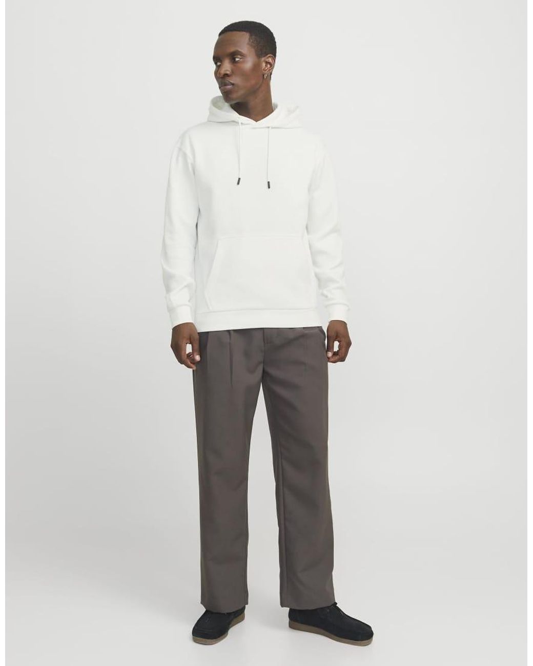 Jack & Jones White Ebradley Fleece Relaxed Fit Hoodie Long Sleeve for men