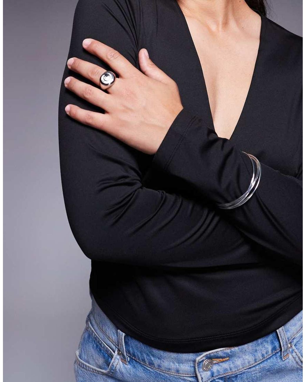 ASOS Black Asos Design Curve Double Layer Long Sleeve Deep V Neck Top
