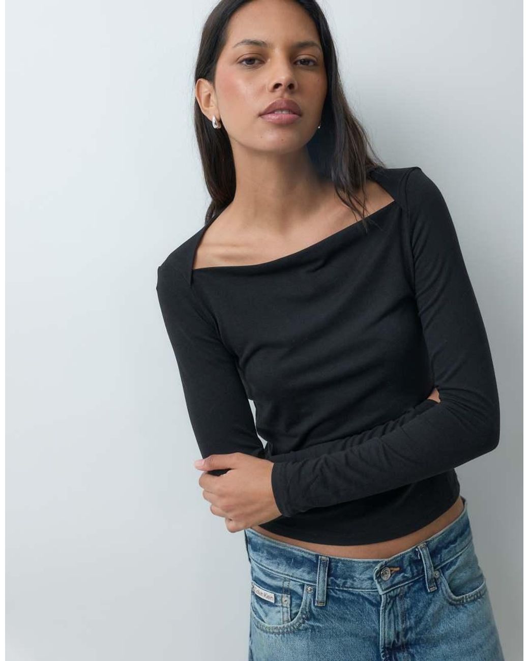 Mango Blue Square Neck Long Sleeve T-Shirt
