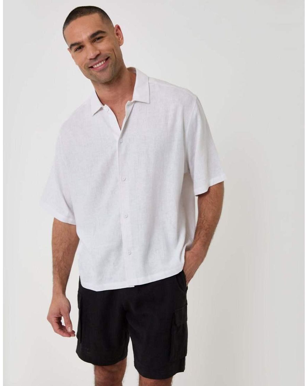 Threadbare White Boxy Fit Linen Blend Short Sleeve Shirt for men