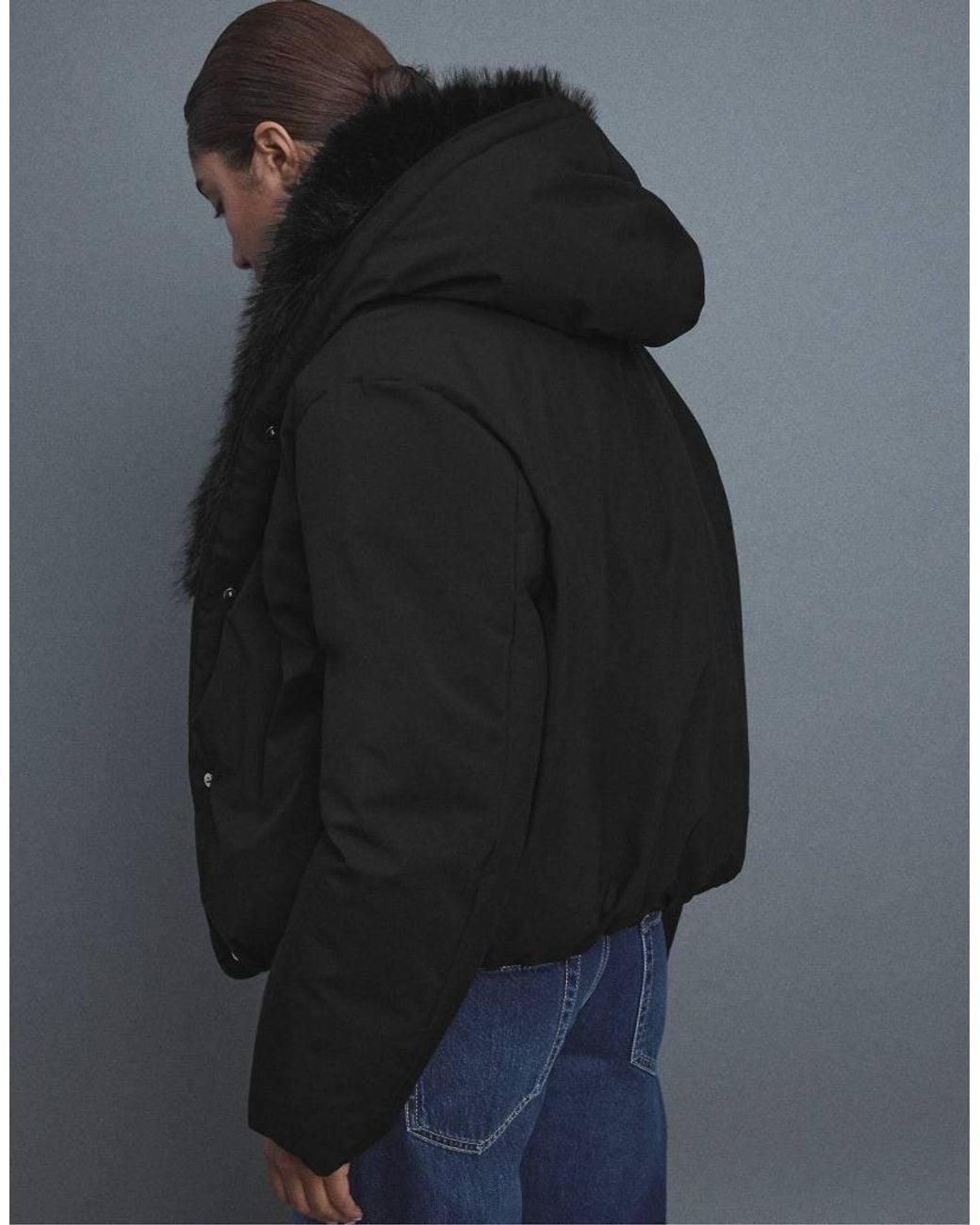 Stradivarius Blue Padded Jacket With Hood And Faux Fur