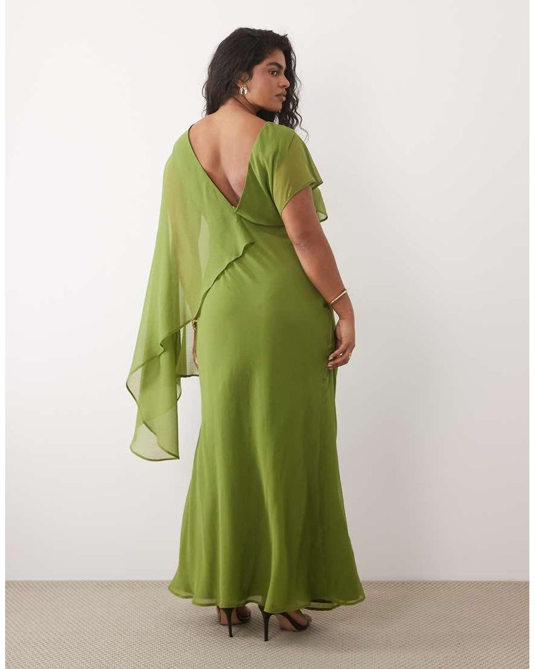 ASOS Green Asos Design Curve Cape Sleeve Bias Cut Drape Maxi Dress With Low Back