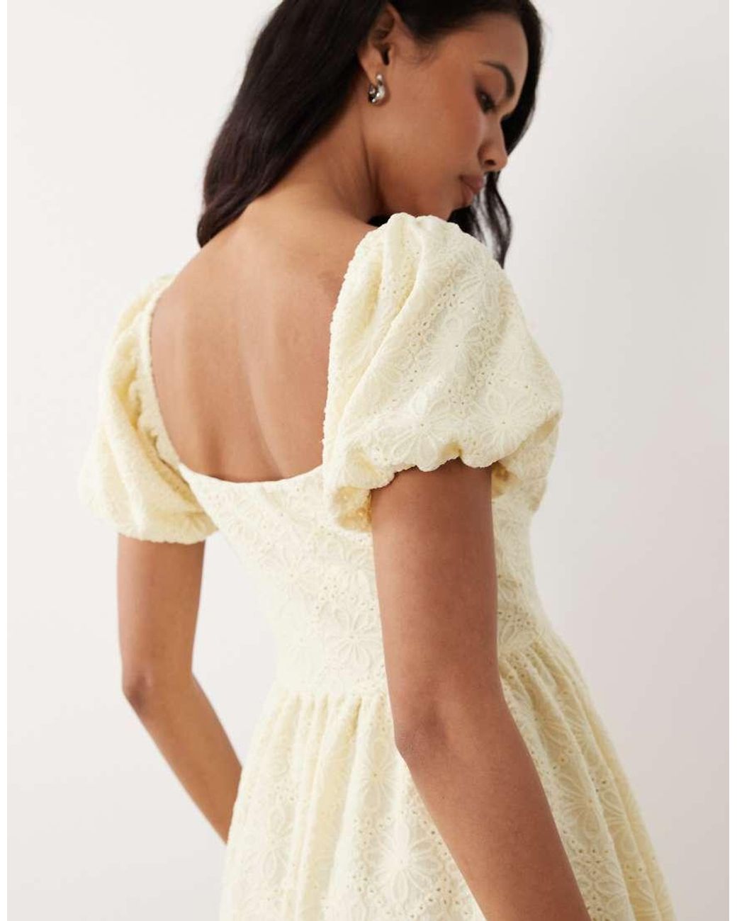 Gina Tricot Natural Puff Short Sleeve Flower Embroidered Mini Dress