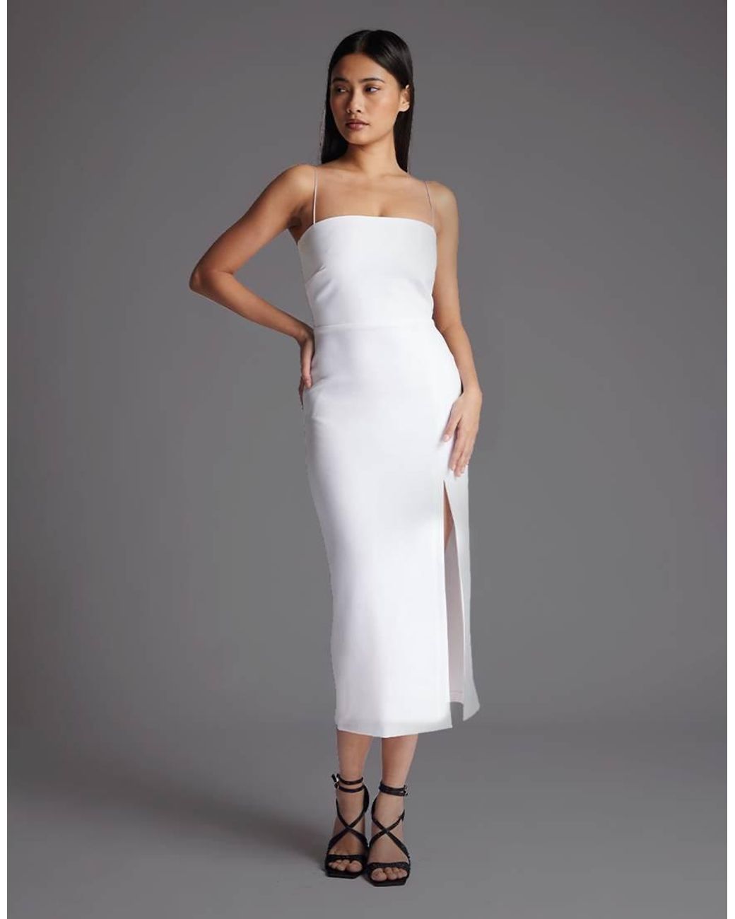 Vesper Gray Cami Strap Midaxi Dress With Thigh Split