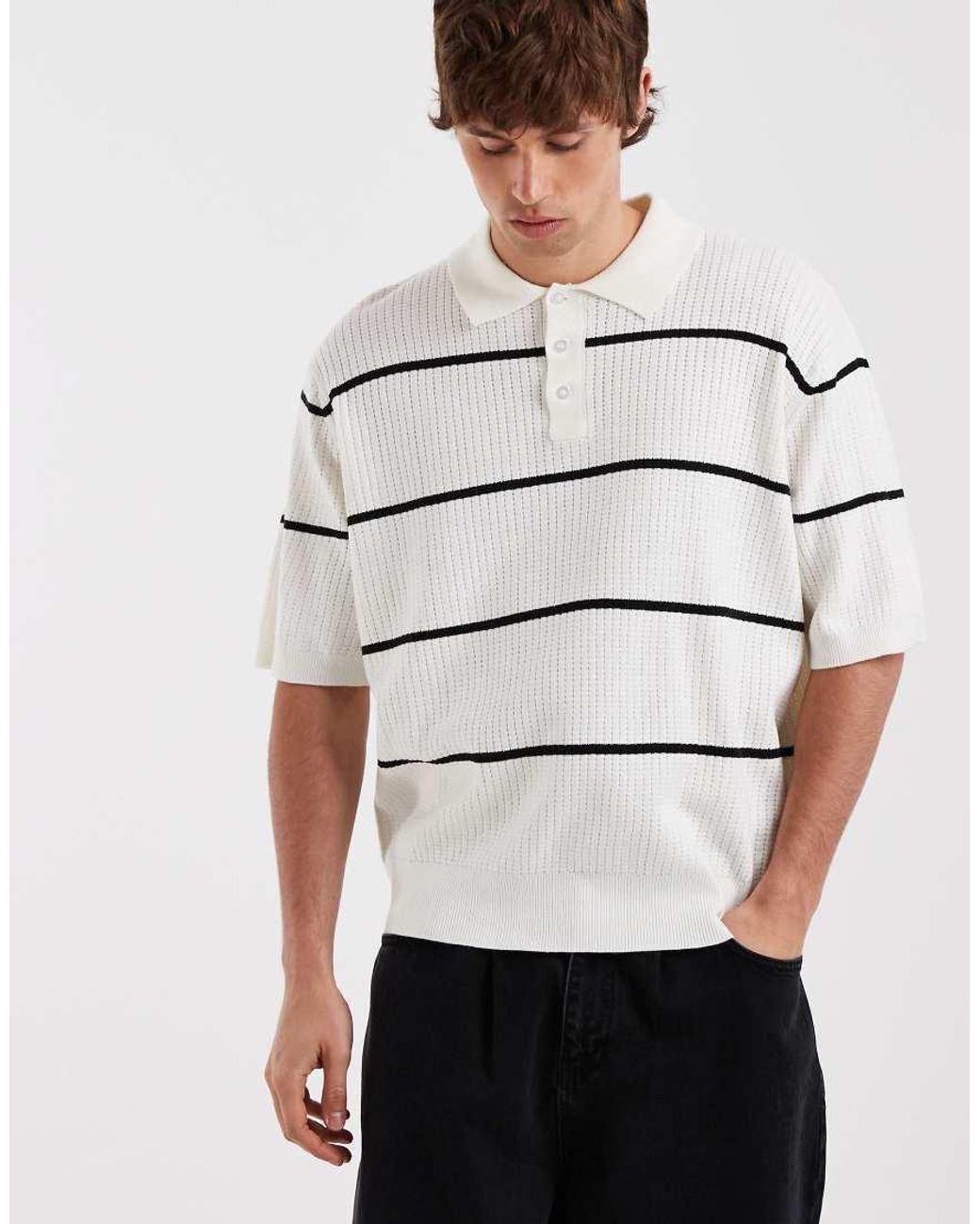 Redefined Rebel Natural Felix Oversized Knitted Striped Button Up Polo Shirt for men
