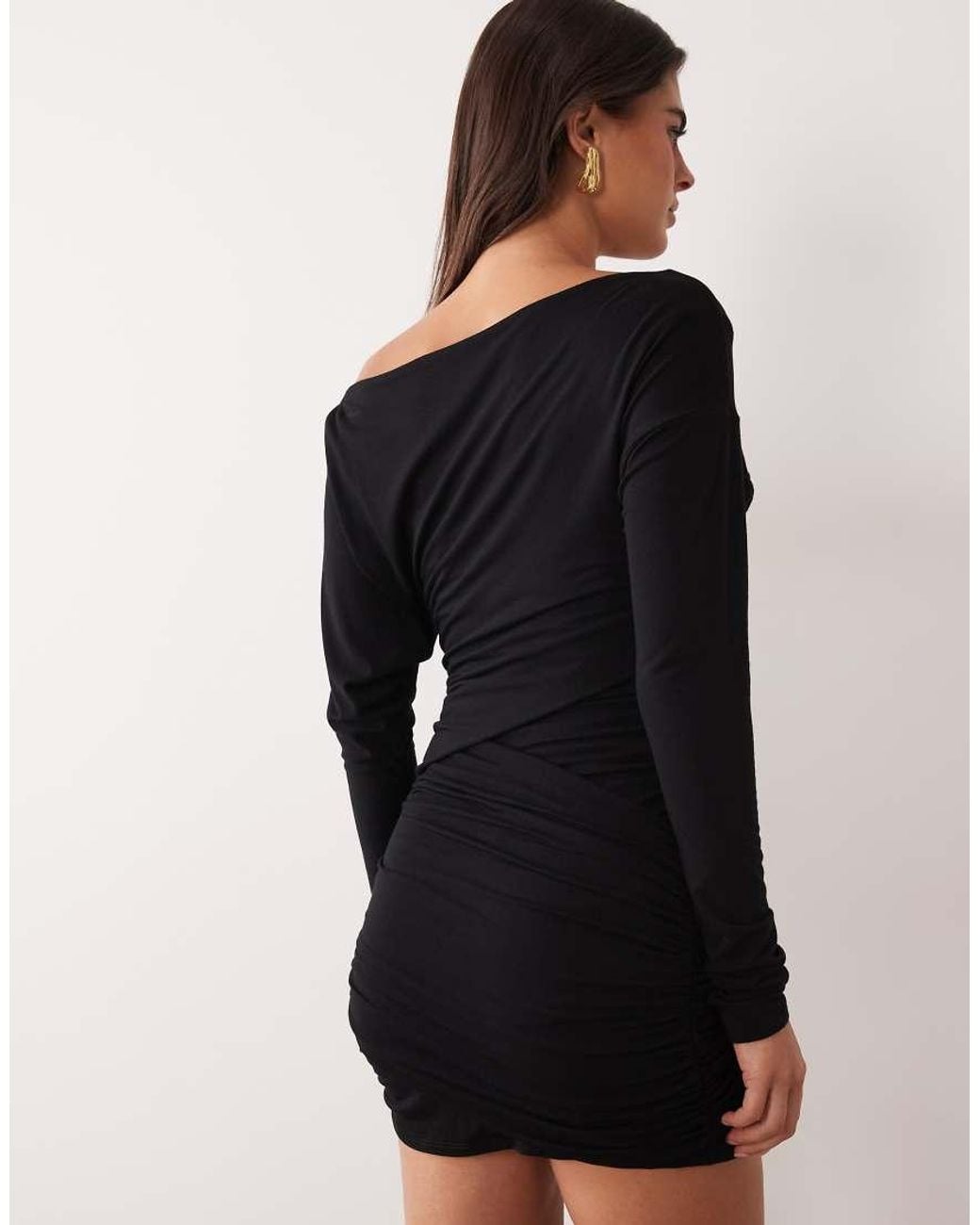 ASOS Black Long Sleeve Slash Neck Mini Dress With Asymmetric Ruched Side