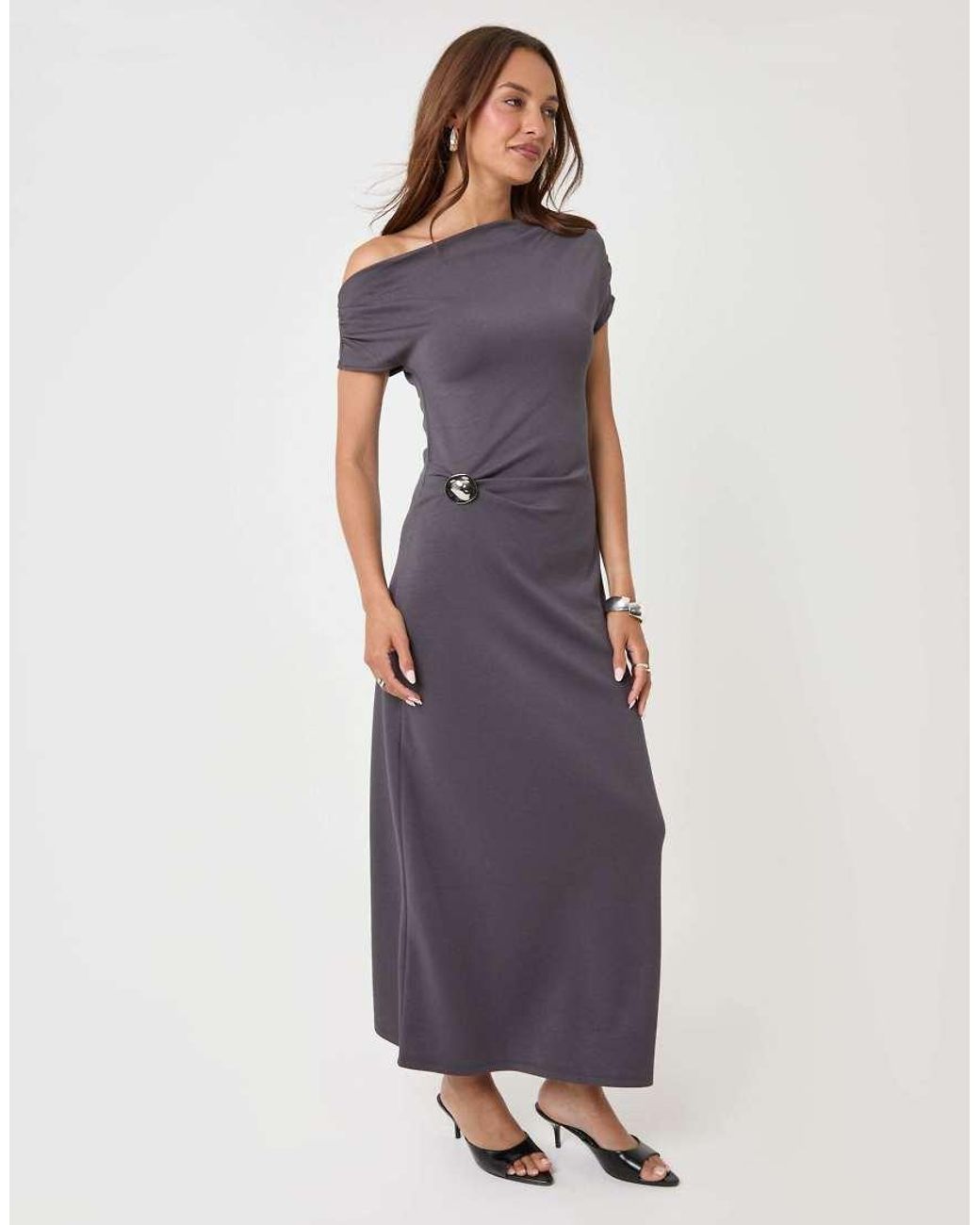 Threadbare Blue Off Shoulder Draped Jersey Maxi Dress