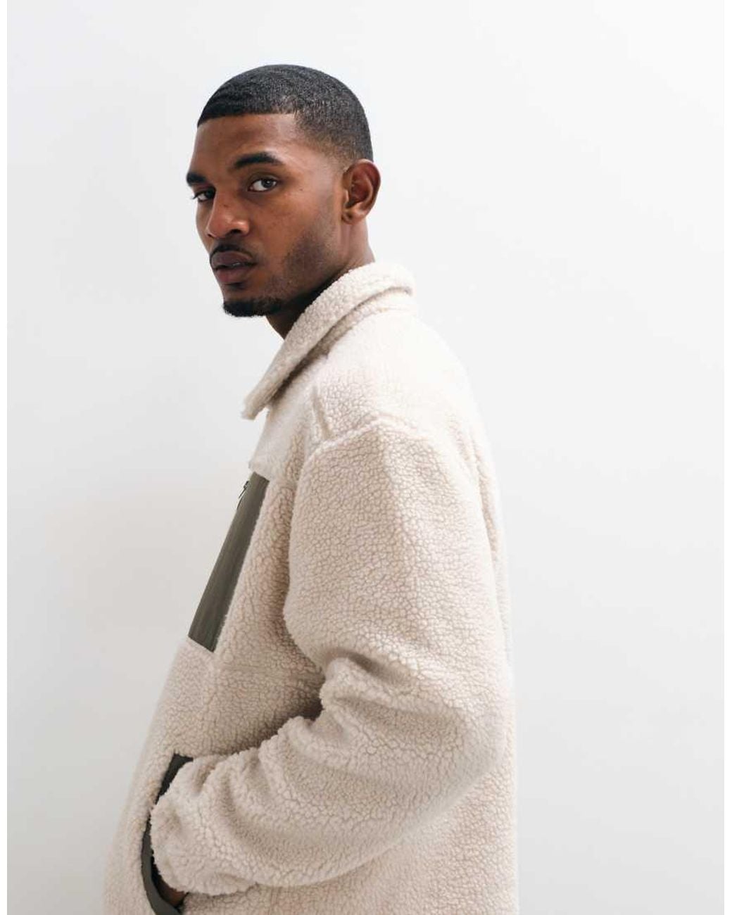 ASOS Natural Relaxed Zip Through Borg Jacket With Cut And Sew Details for men