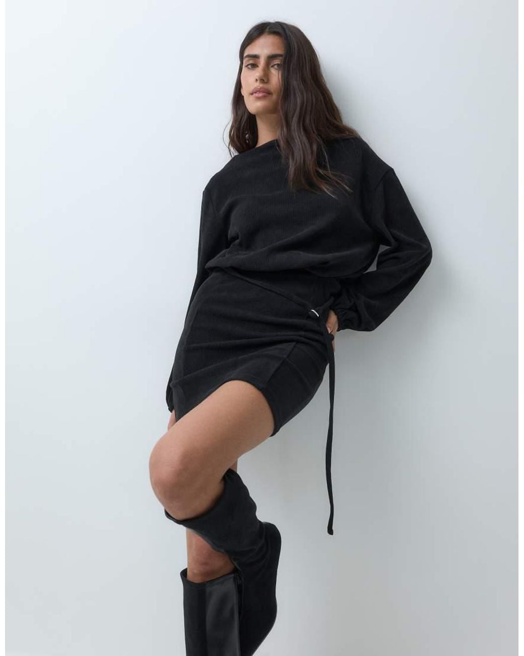 ASOS Black Soft Cord Slash Neck Belted Mini Dress