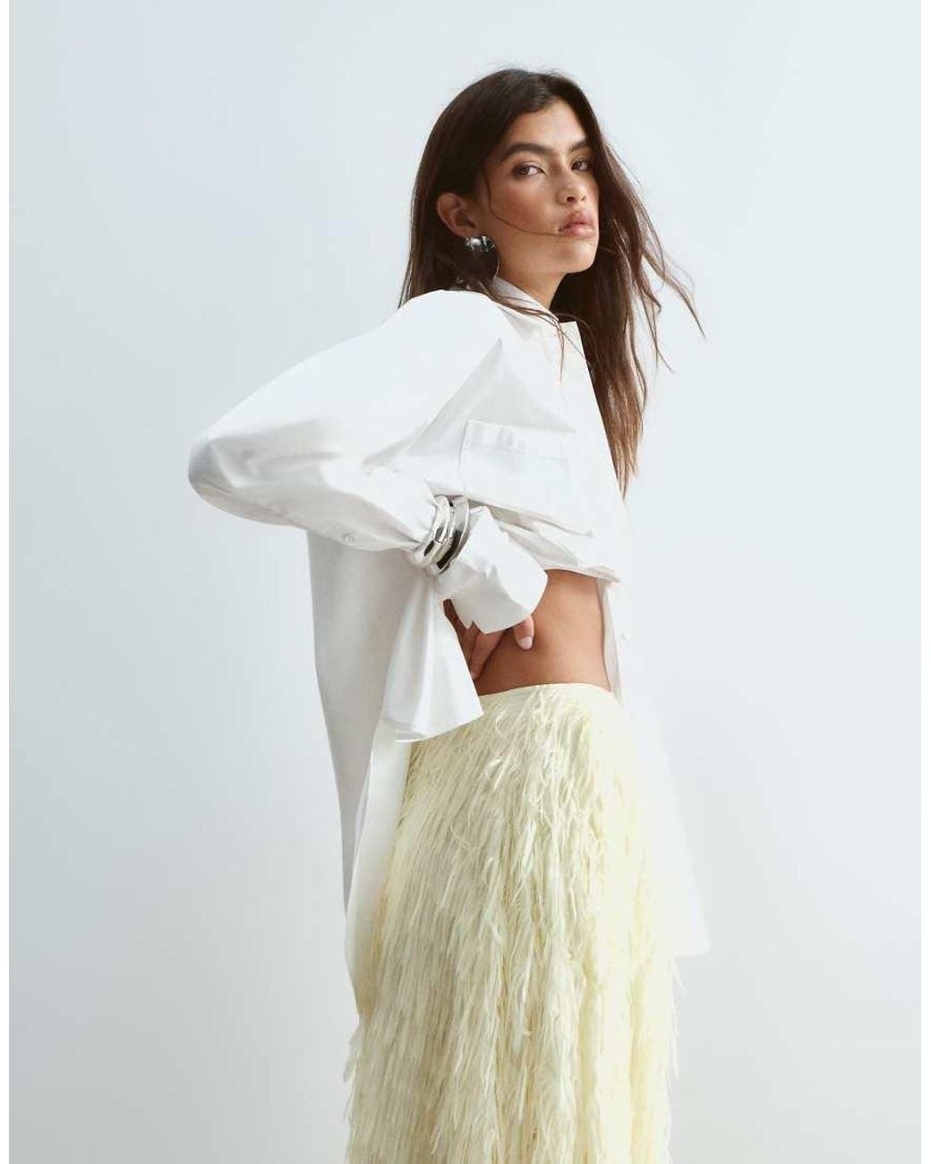ARRANGE White Fringe Texture Asymmetric Maxi Skirt