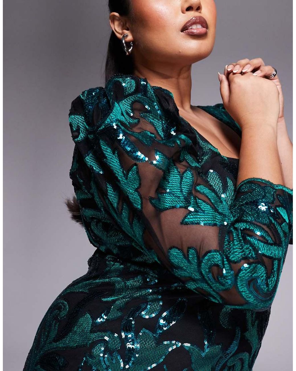 Goddiva Green Curve Square Neck Scalloped Lace Midi Dress