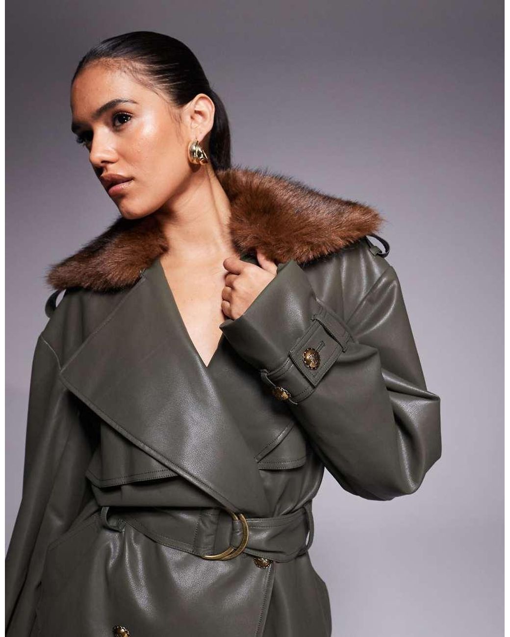 Bardot Gray Leather Look Faux Fur Collar Trench Coat