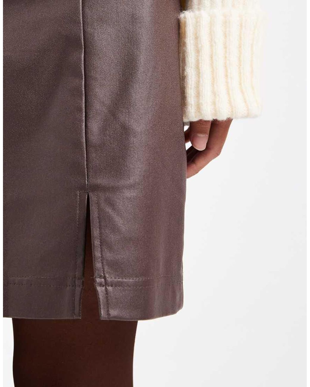Object Brown Coated Leather-look Mini Skirt