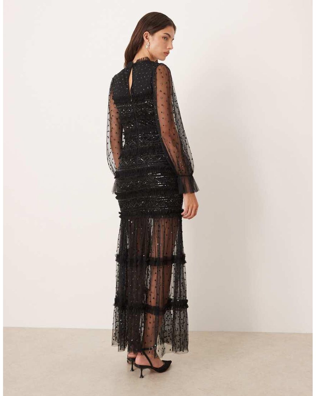 Maya Natural Sequin Long Sleeve Tulle Maxi Dress