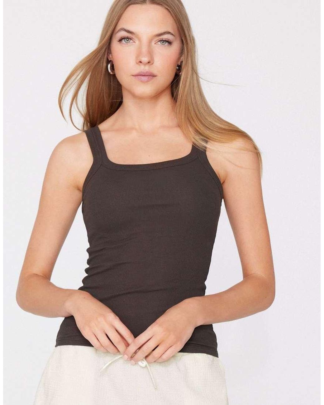 Tezenis Gray Square Neck Ribbed Cotton Camisole