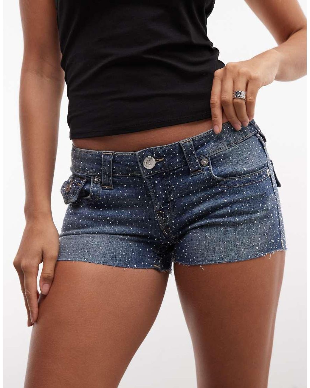 True Religion Blue All Over Crystal Joey Low Rise Flap Pocket Denim Cut Off Shorts
