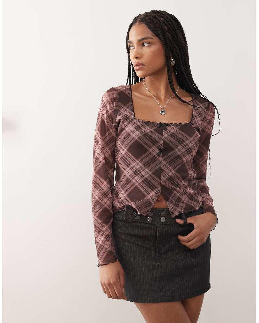 Reclaimed Vintage Brown Square Neck Split Front Long Sleeve Mesh Top