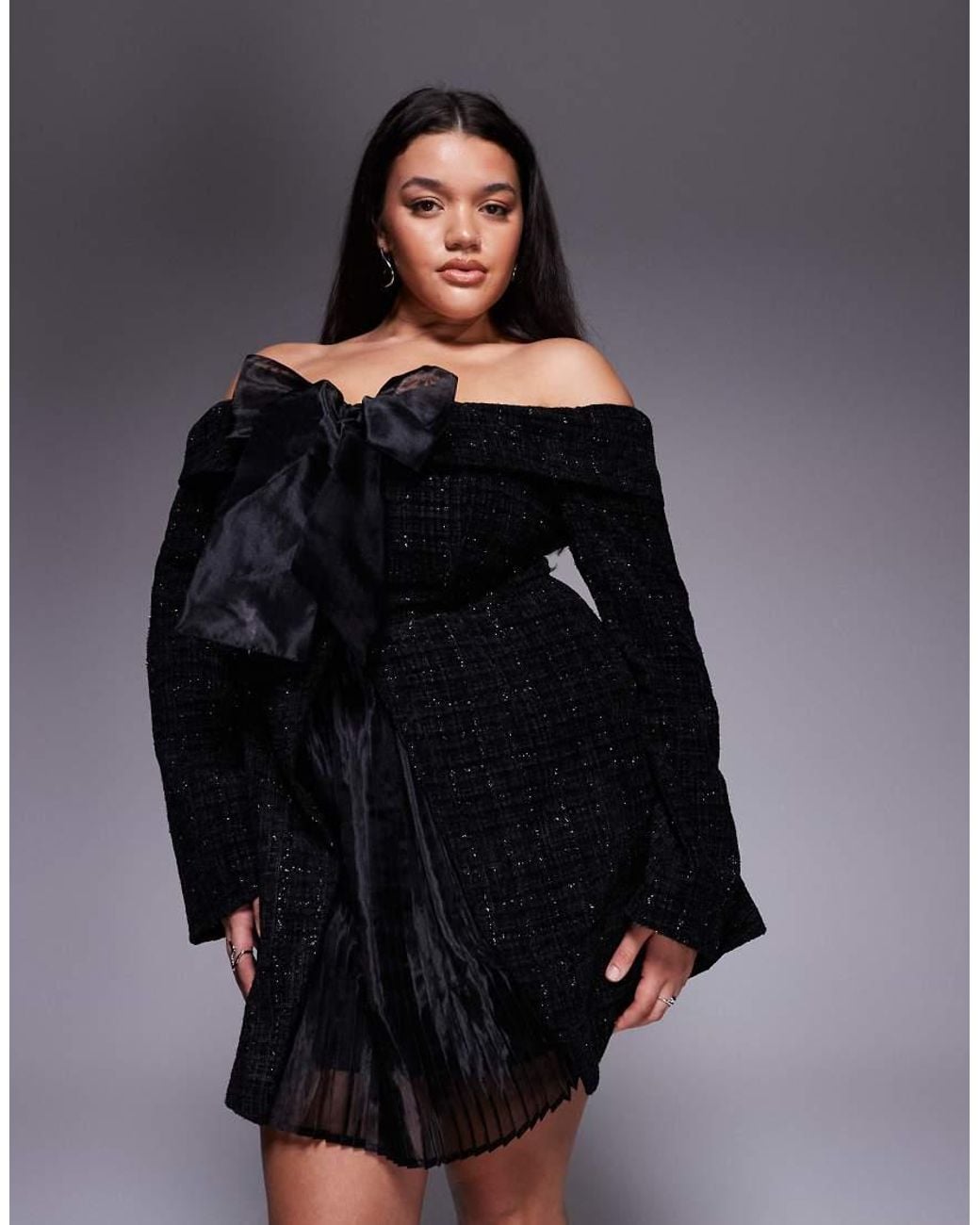 ASOS Black Curve Boucle Bardot Mini Dress With Pleated Skirt And Bow