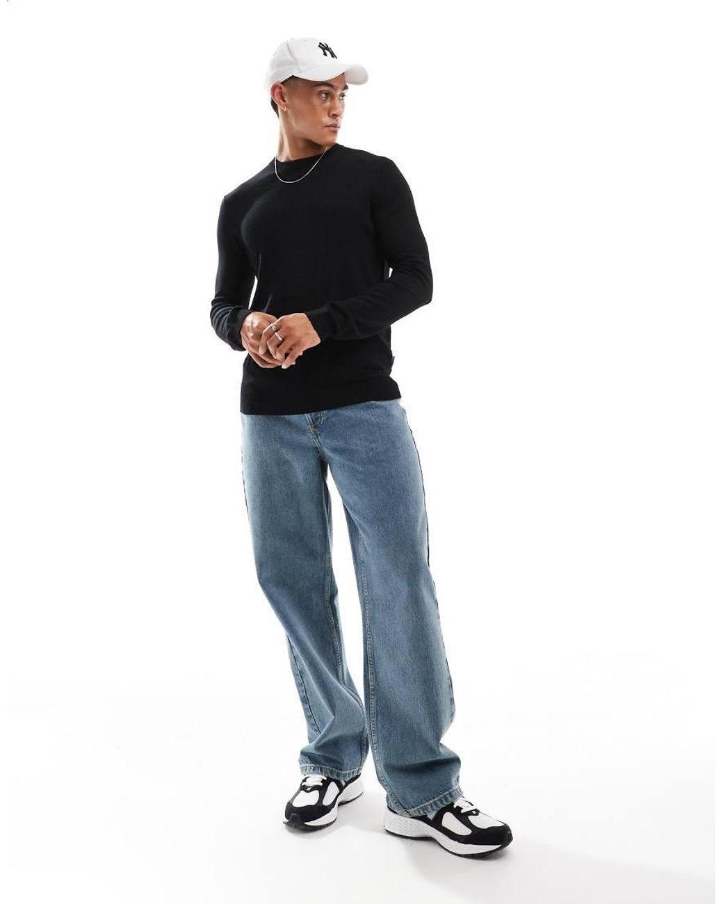 Only & Sons Black Ribbed Crew Neck Viscose Jumper for men