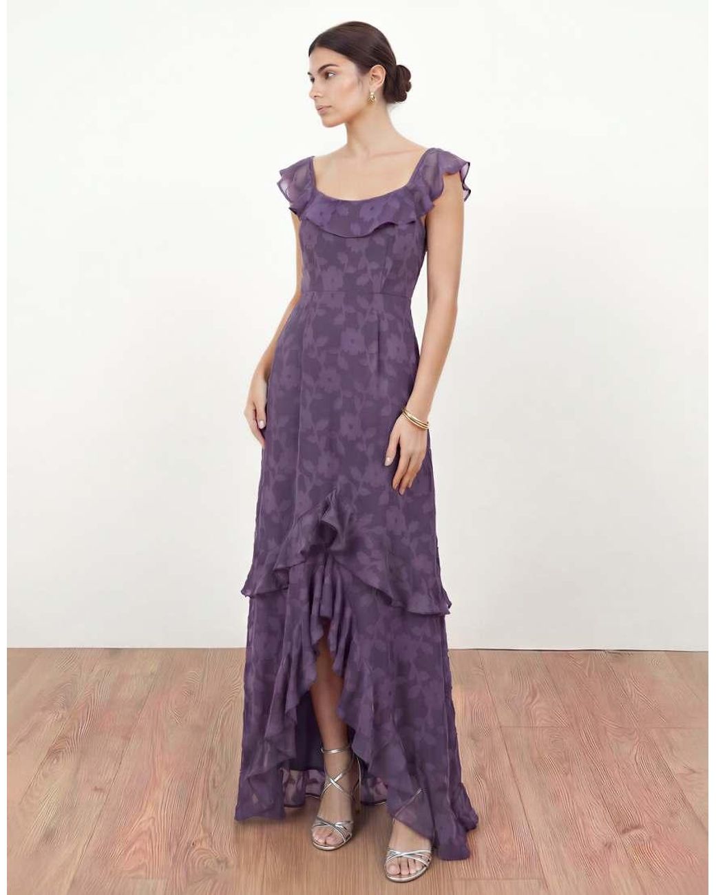 ANAYA Purple Floral Burnout Ruffle Maxi Dress