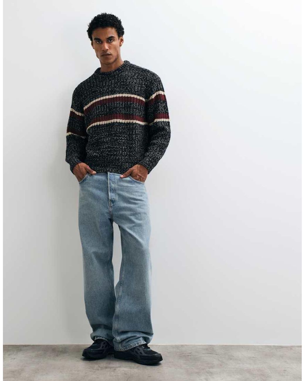 Obey Gray Alden Stripe Knitted Crewneck Jumper for men