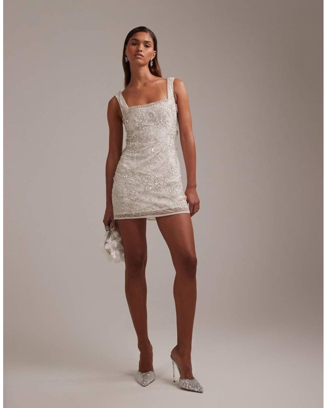 ASOS Gray Ornate Crystal Embellished Square Neck Mini Dress