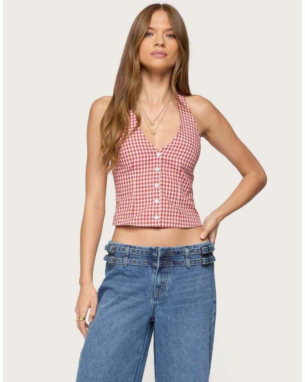 Edikted Blue Evan Gingham Button Up Halter Top