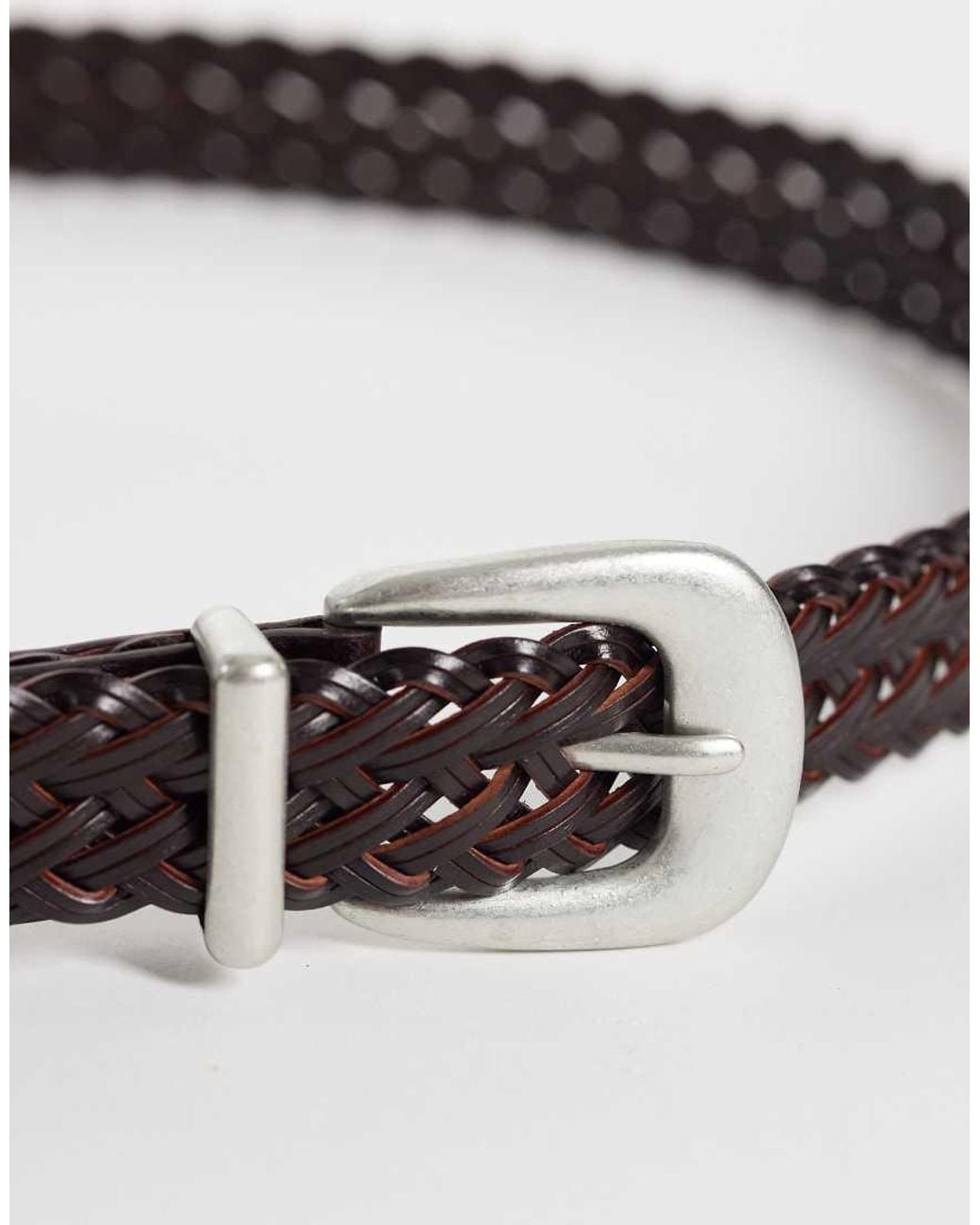 ASOS Brown Skinny Woven Leather Belt With Silver Curve Buckle And Metal Tip for men