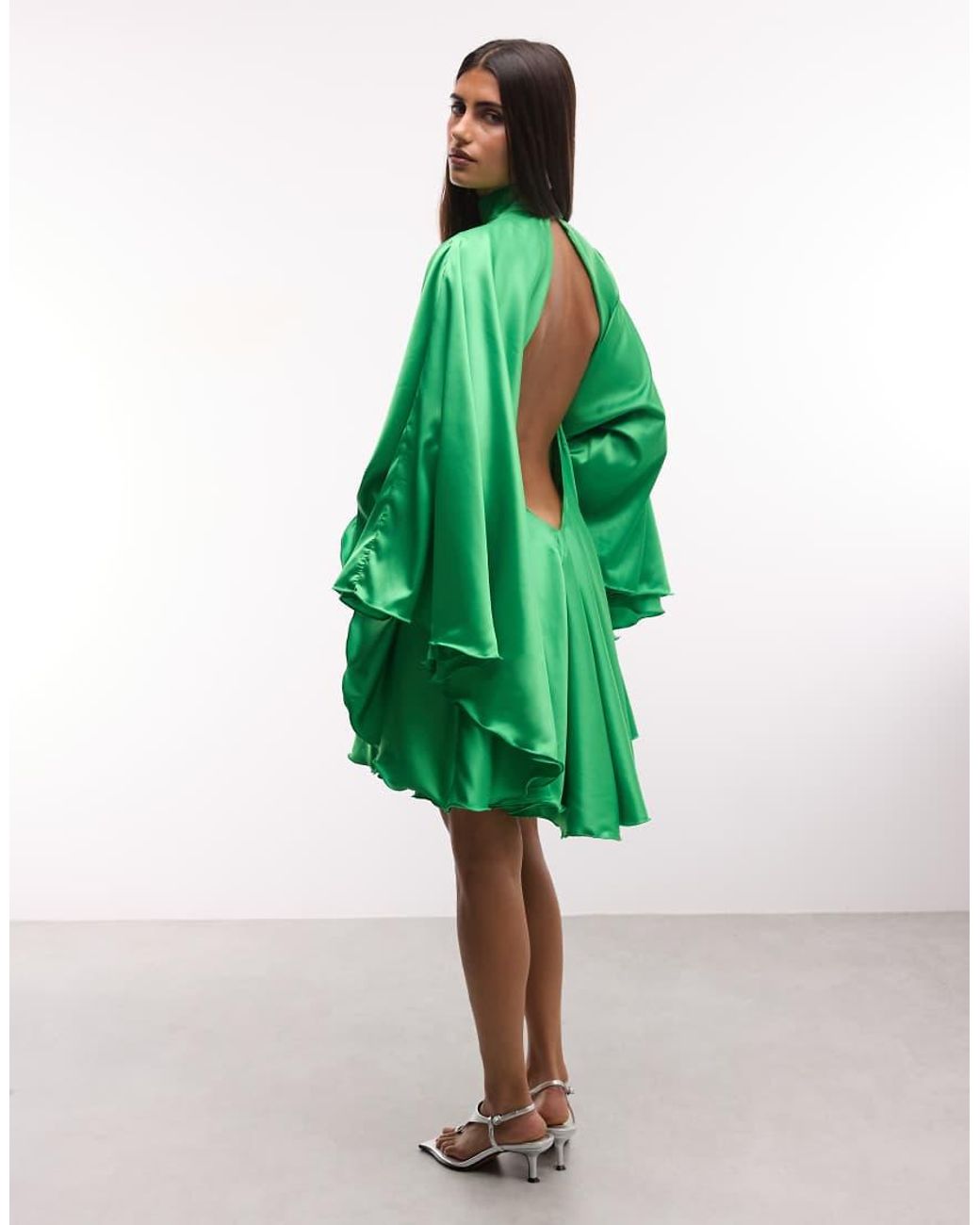 The Dolls House Green Lorena Premium High Neck Open Back Floaty Mini Dress