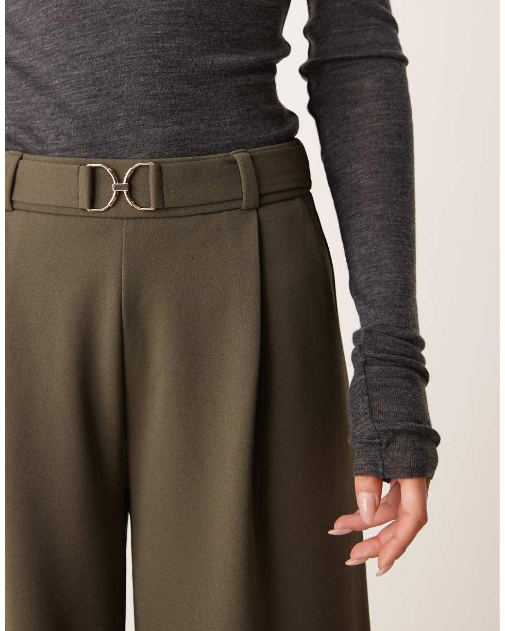 JDY Petite Green Belt Detail Wide Leg Trousers