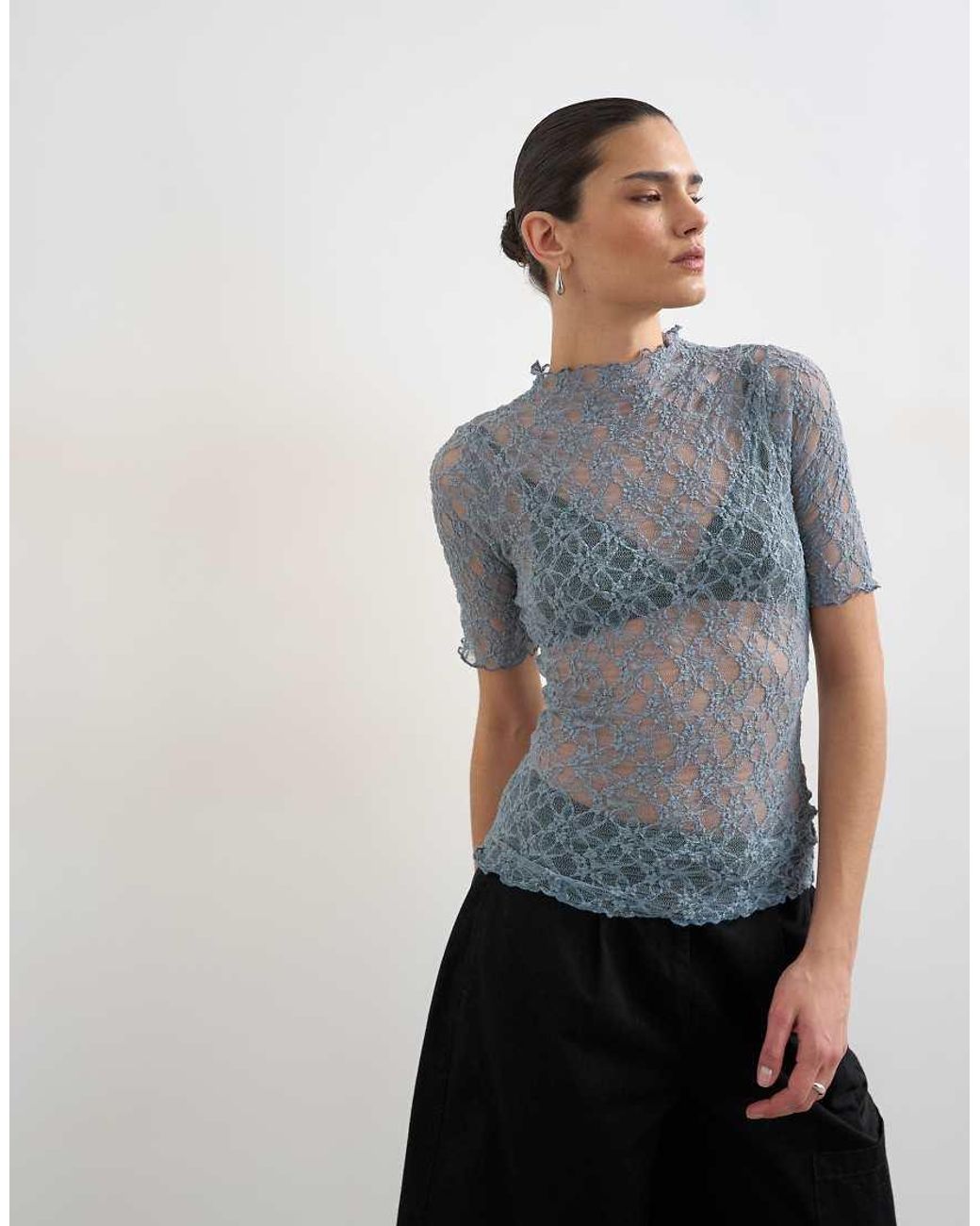 TOPSHOP Gray Lace Fitted High Neck Half Sleeve Top