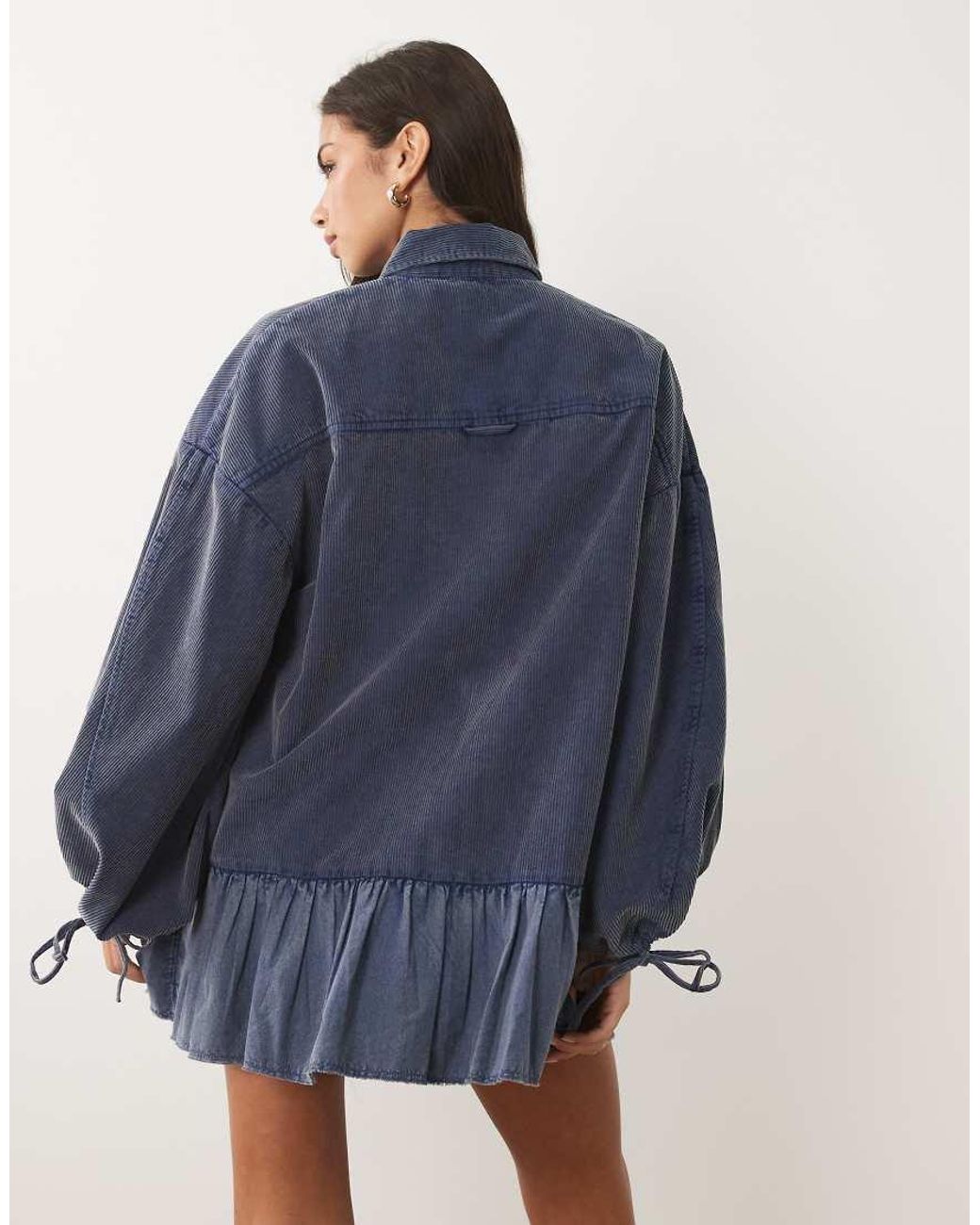 ASOS Blue Hybrid Cord Shirt Mini Dress With Balloon Sleeve And Voile Hem