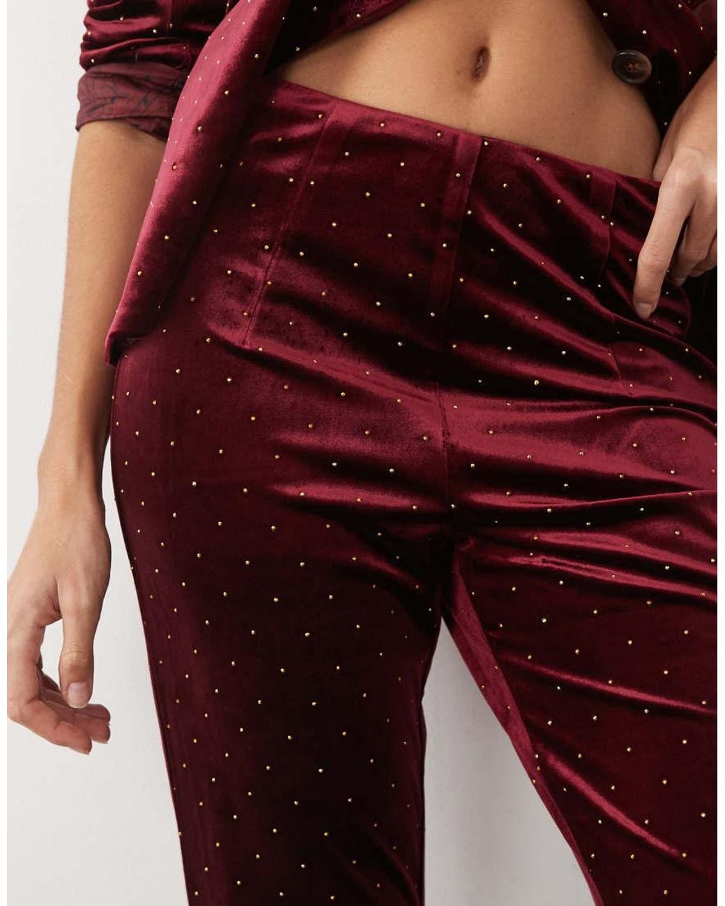 Never Fully Dressed Red Velvet Hot Fix Embellished High Rise Flare Trouser Co-Ord