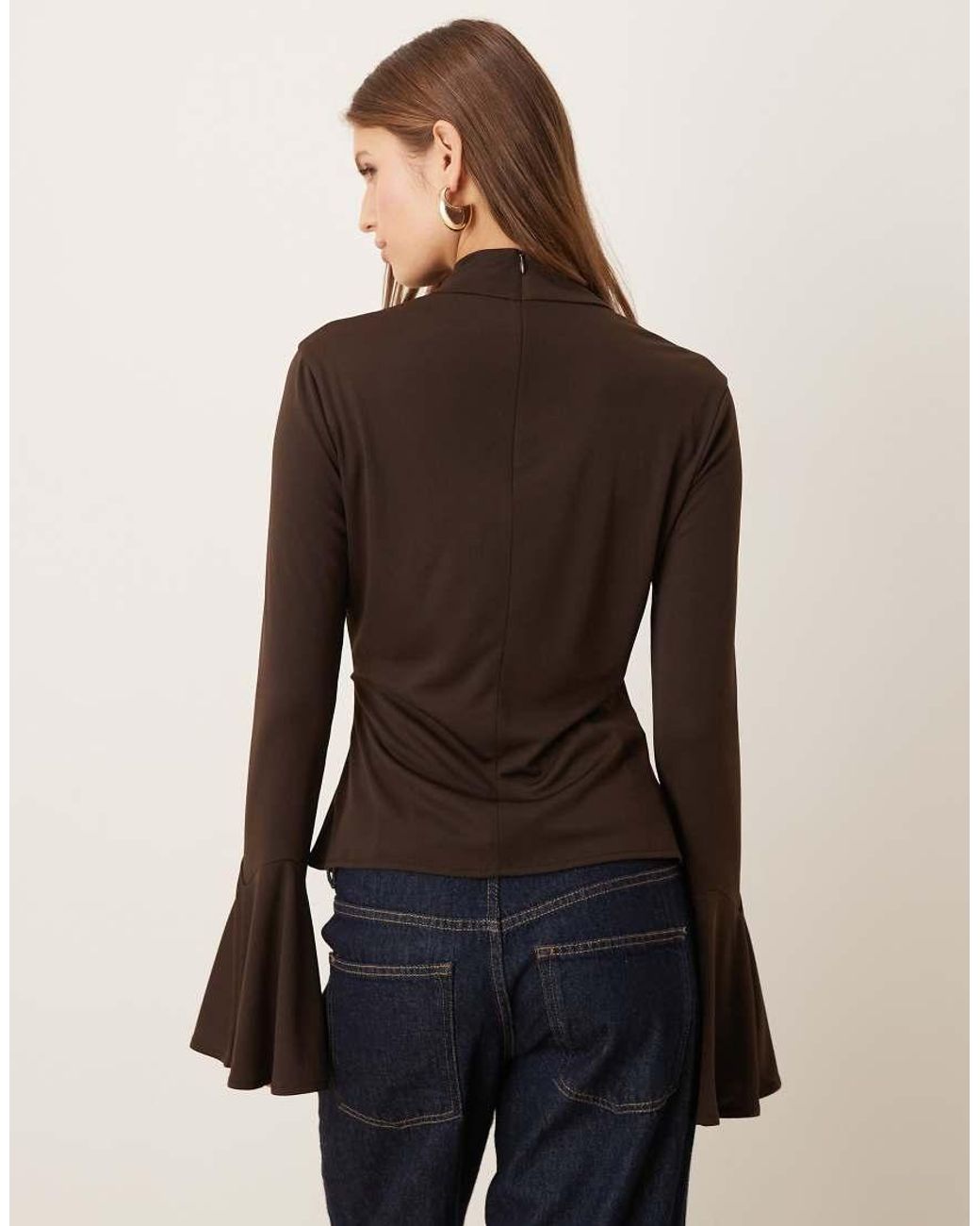 Mango Brown Roll Neck Long Sleeve Top With Flared Sleeves