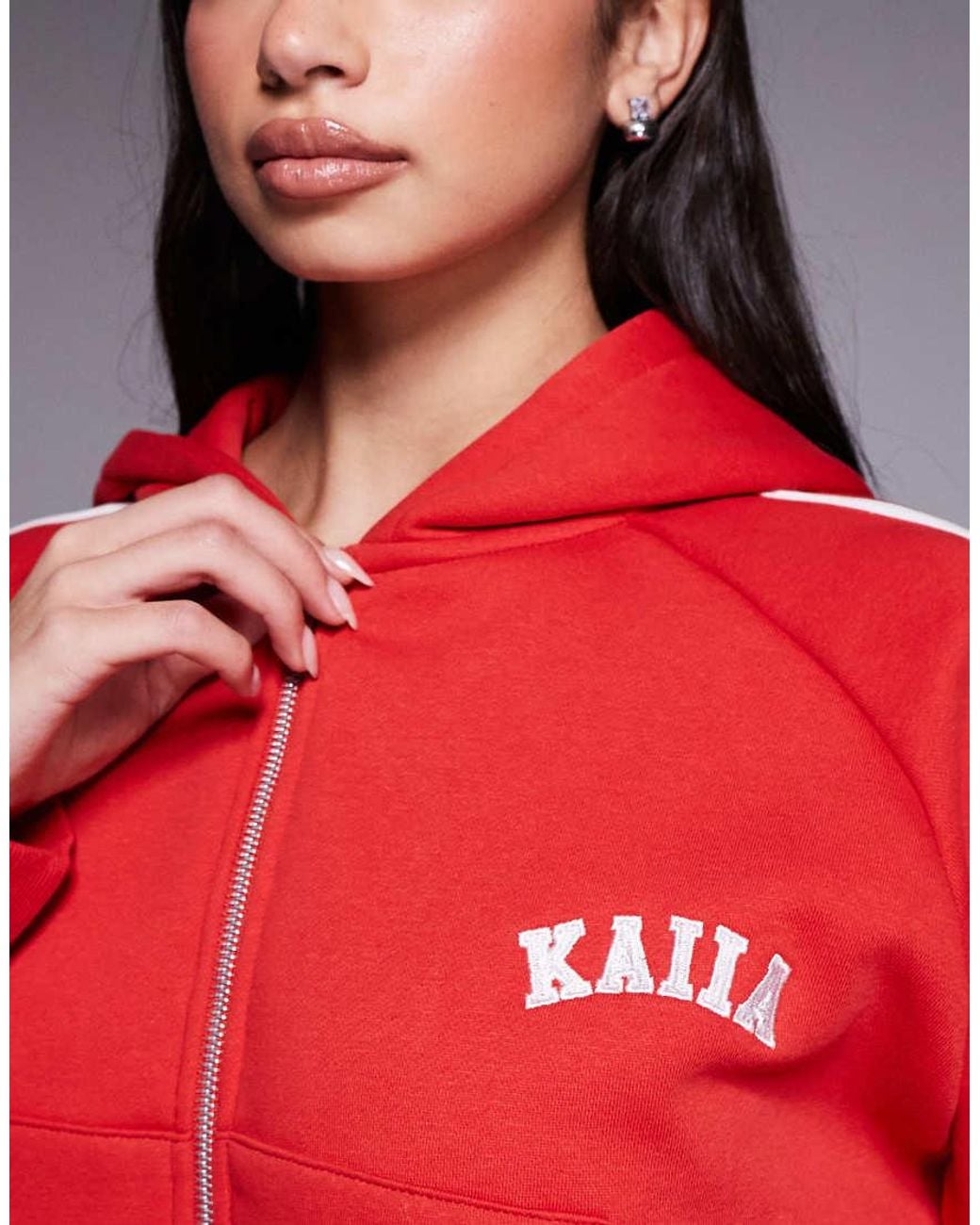 Kaiia Cotton Rich Embroidered Logo Side Stripe Zip Through Hoodie