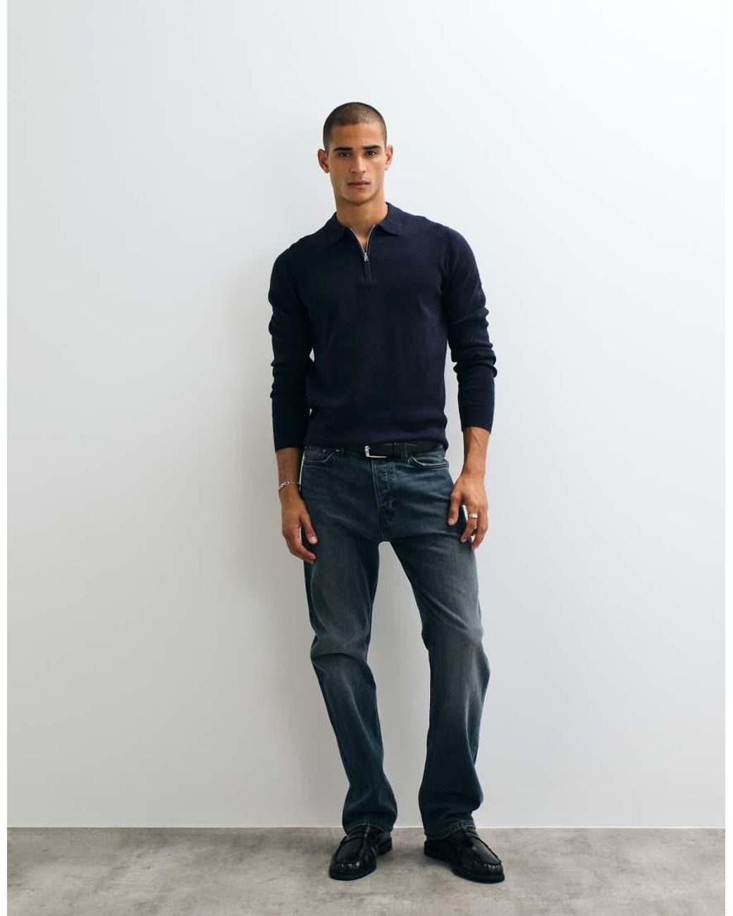ASOS Blue Essentials Knitted Lightweight Zip Polo for men