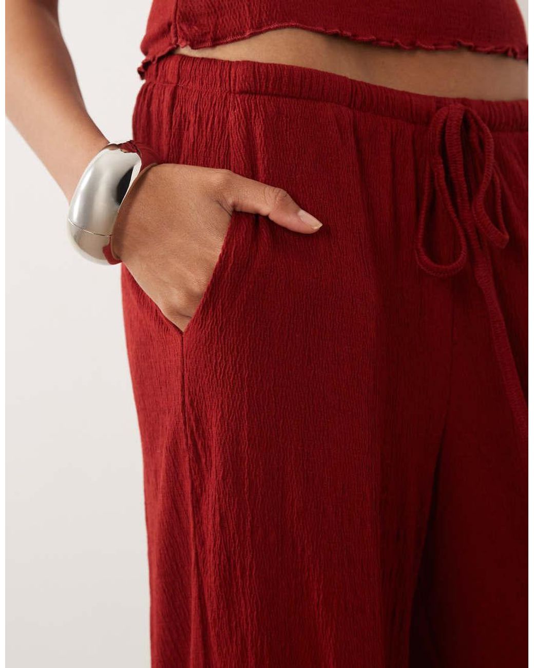 ASOS Red Crinkle Wide Leg Drawstring Pants