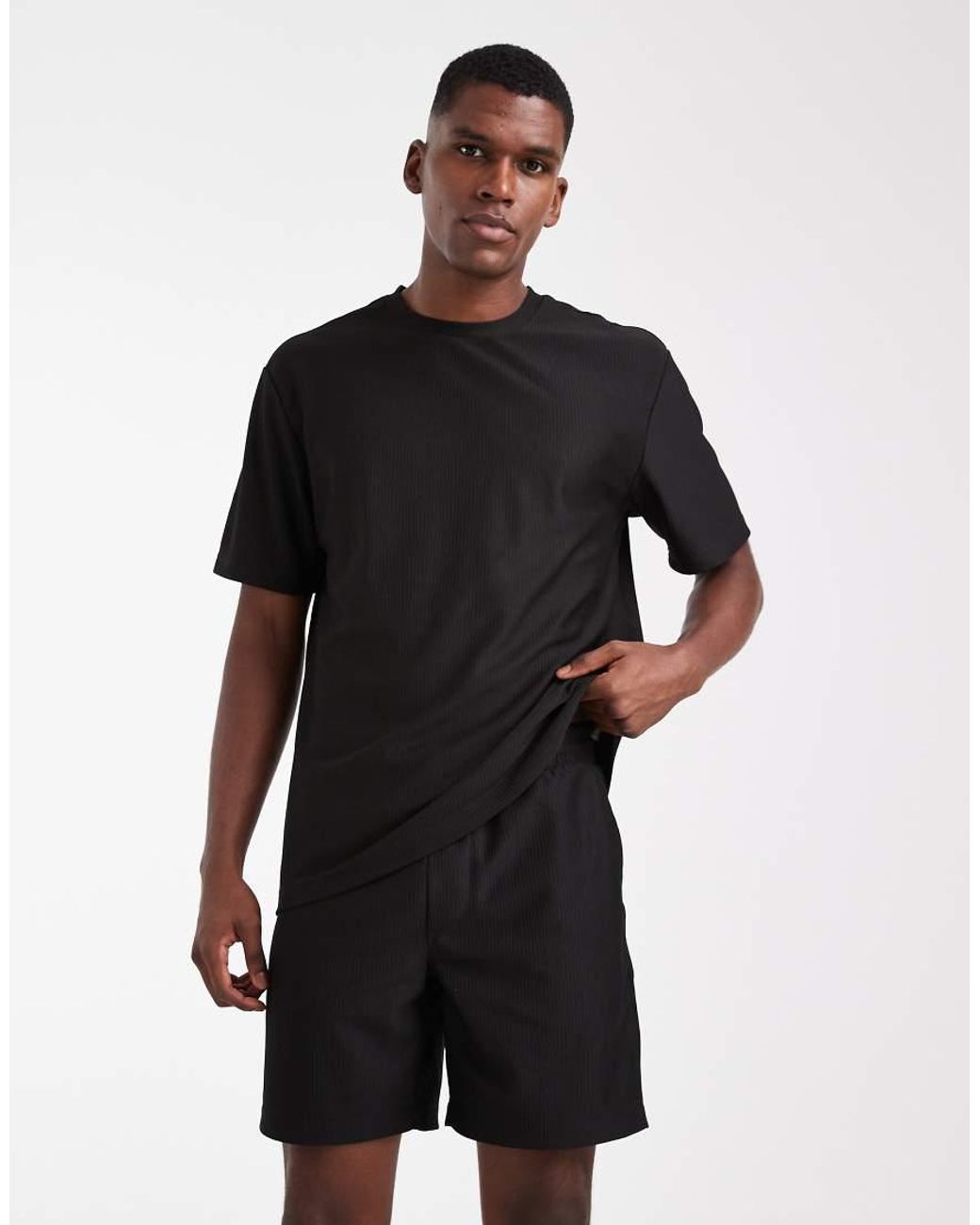 Only & Sons Black Plisse Pull On Short Co-ord for men