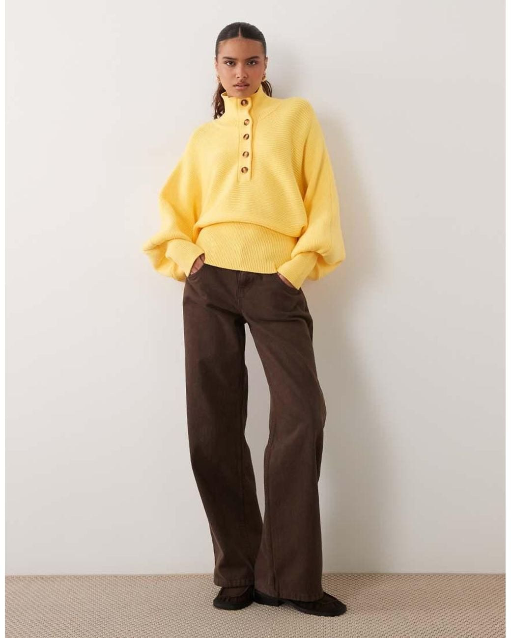 ASOS Yellow Structured Ribbed Nipped Waist Funnel Neck Sweater