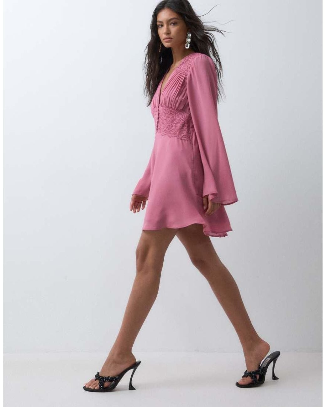 Abercrombie & Fitch Pink Long Sleeve V Neck Mini Dress With Lace Panel