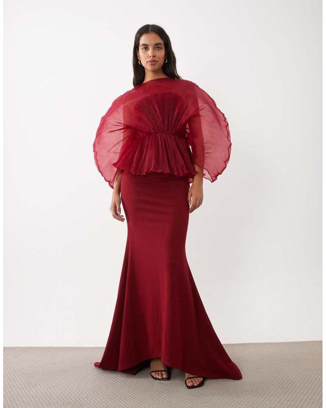 ASOS Red Pleated Bodice Maxi Dress With Stretch Crepe Contrast