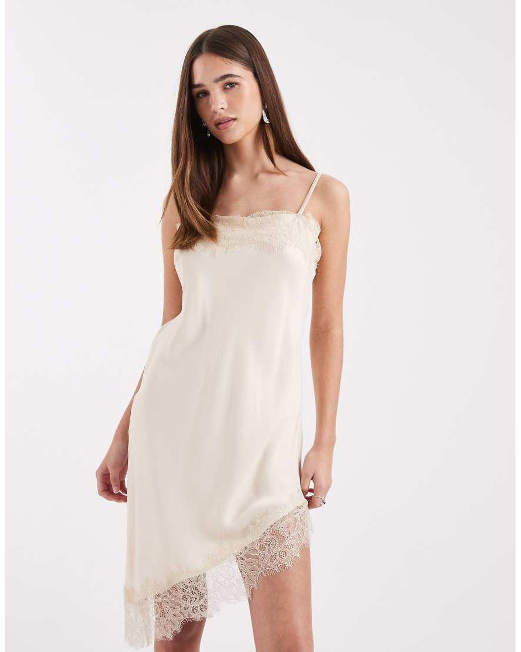 ASOS Natural Satin Lace Trim Asym Mini Dress