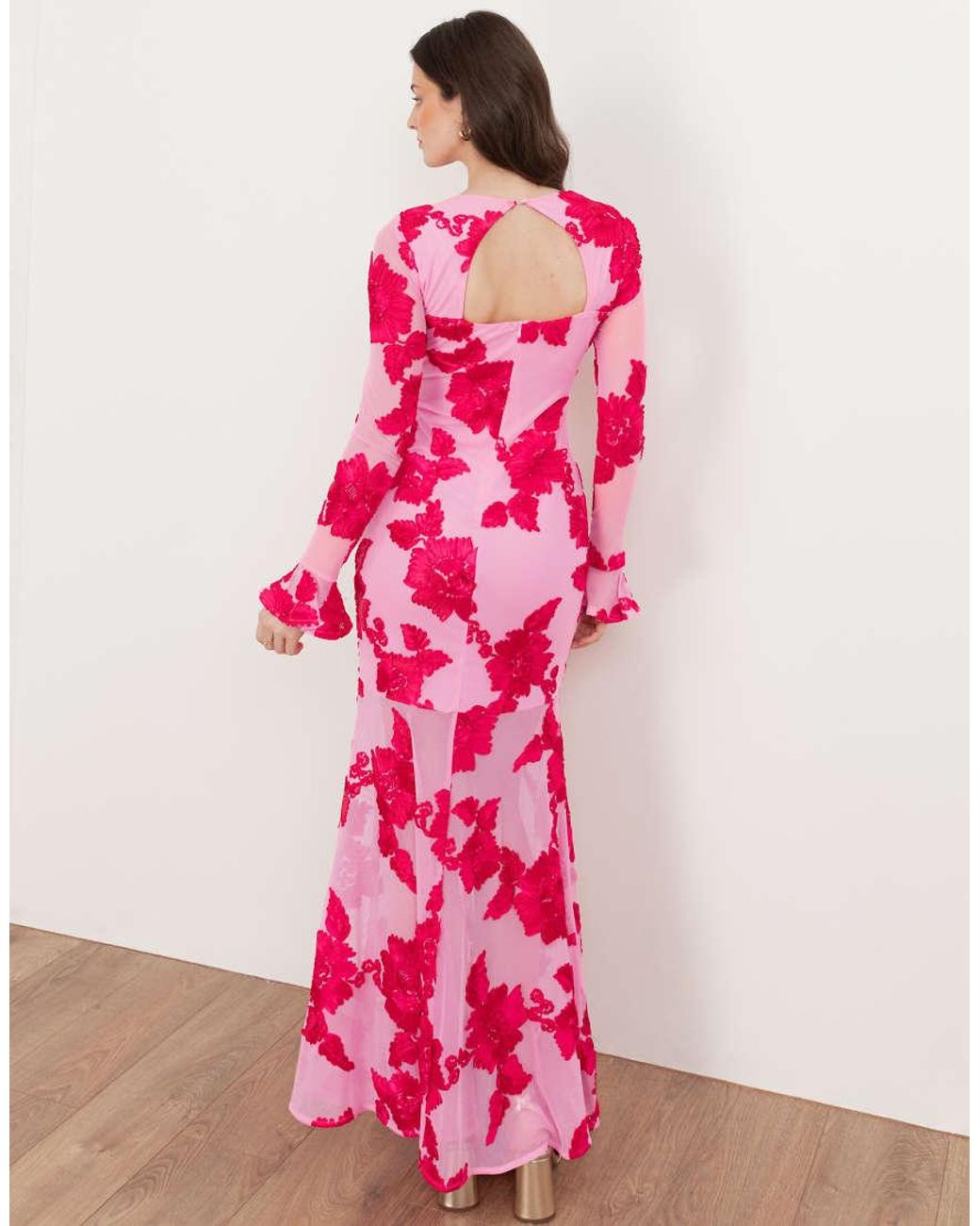 Maya Pink Floral Applique Long Sleeve Mesh Maxi Dress
