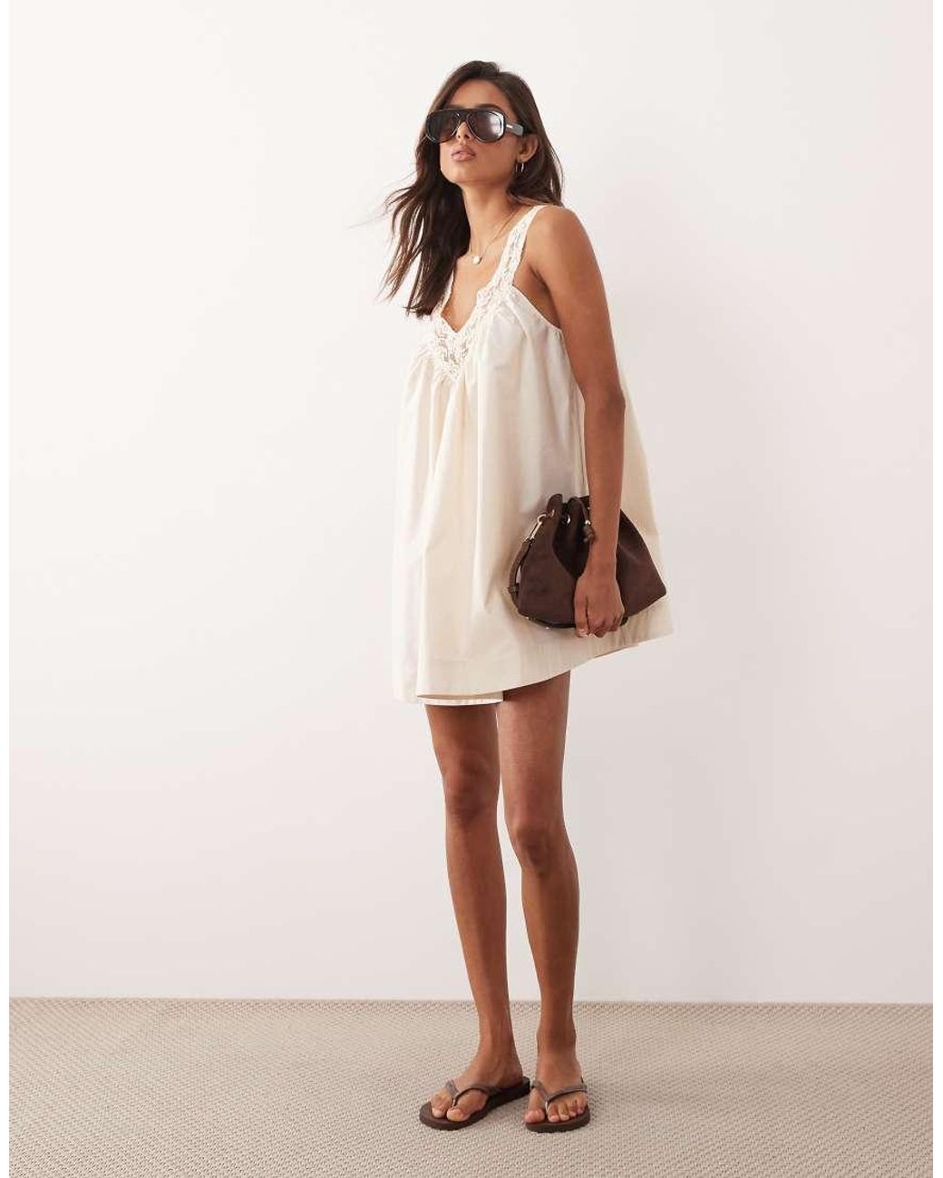 ASOS Natural V Neck Smock Poplin Mini Sundress With Lace Overlay