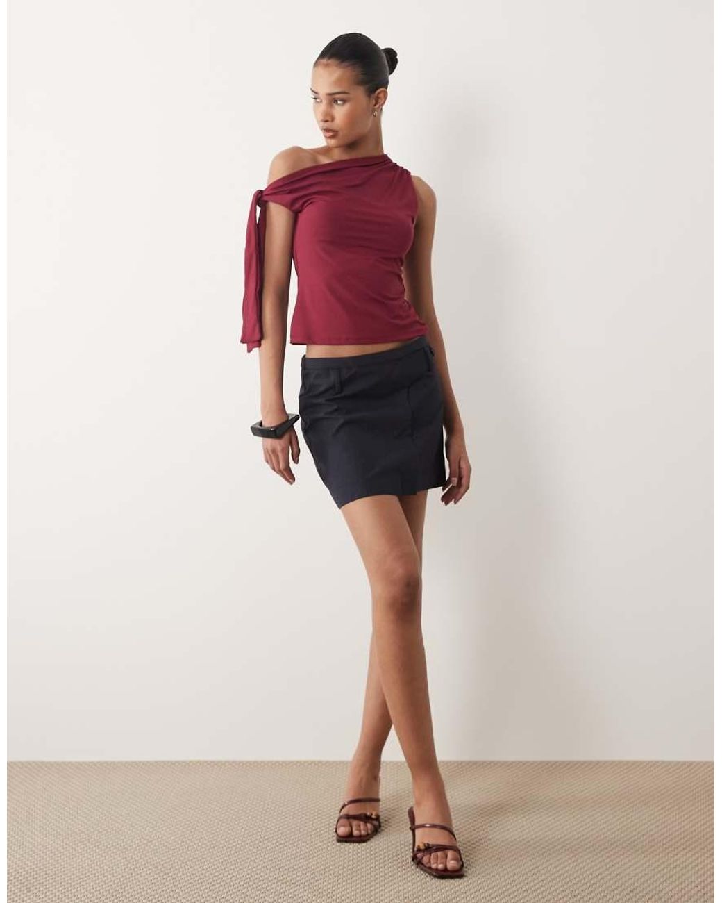 Gina Tricot Red Soft One Shoulder Tie Top